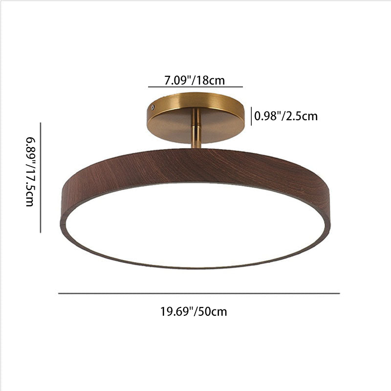 Elegant Japanese Wabi-Sabi Minimalist Wood-Grain Round LED Semi-Flush Mount Ceiling Light