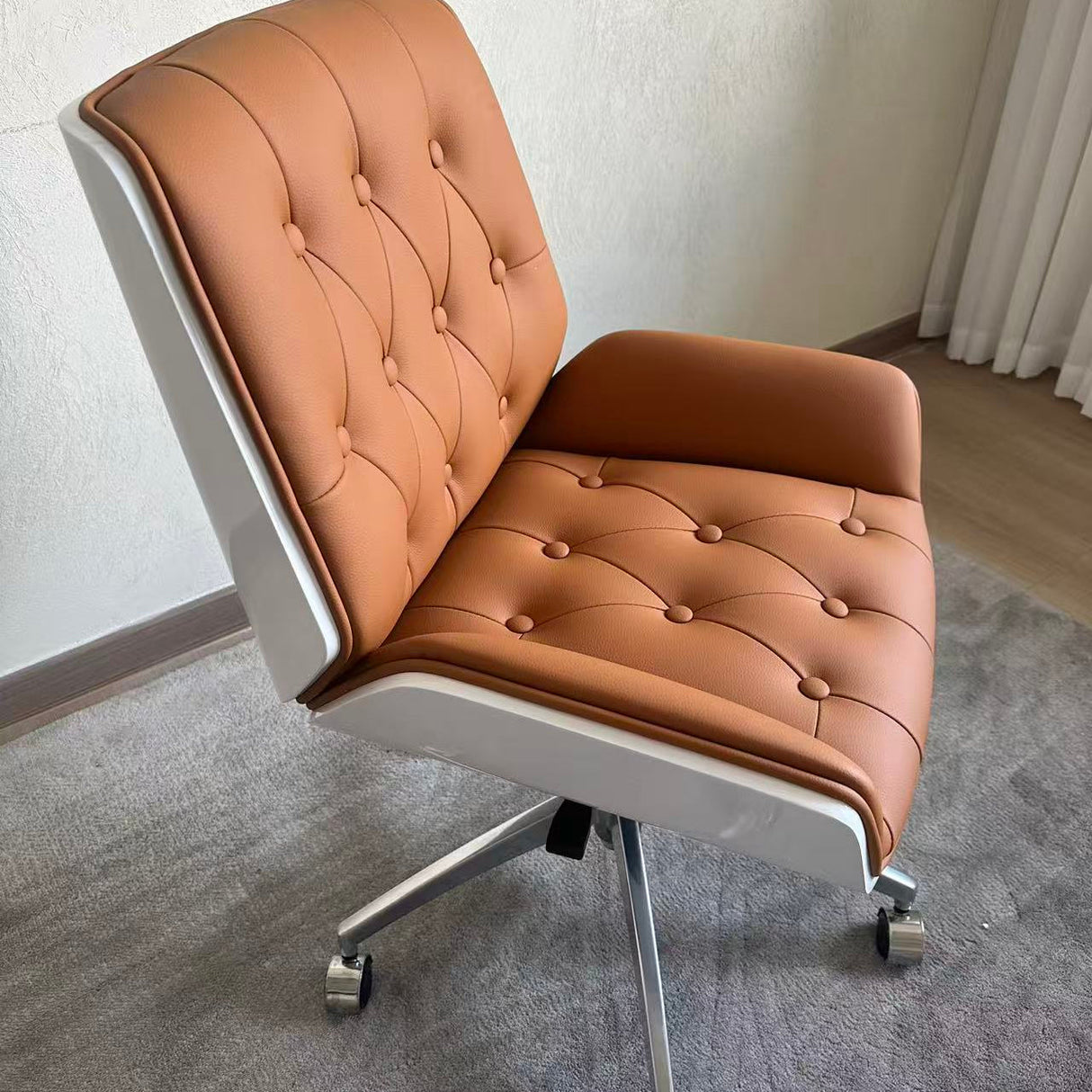 Nordic Contemporary Swivel Desk Chair with Microfiber and Genuine Leather Upholstery, Wood and Steel Square Frame, Armrests and Backrest for Home Office or Study