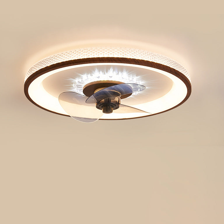 Nordic Minimalist Round LED Flush-Mount Ceiling Fan Light with Wood-Grain Acrylic Finish