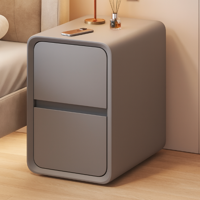 Contemporary Minimalist Nightstand – Microfiber Leather, Solid Wood & Metal, Rounded-Rectangle Design with 2 Drawers for Bedroom