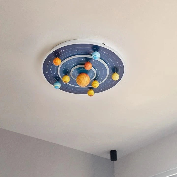 Round Space Planet LED Ceiling Light for Kids – Modern Iron Flush-Mount Fixture for Bedroom