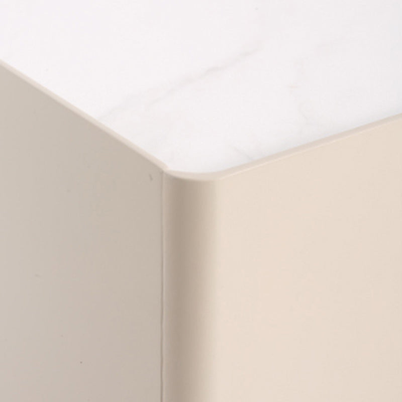 Contemporary Scandinavian 2-Drawer Nightstand in Cream White with Stone Slab Top – Square Bedside Table for Bedroom