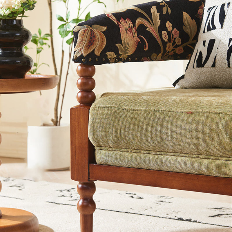Traditional French-Style Solid Ash Wood Curved Handrail Accent Chair & Table Set in Cotton-Linen Blend for Living Room