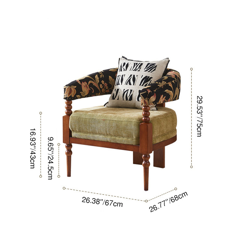 Traditional French-Style Solid Ash Wood Curved Handrail Accent Chair & Table Set in Cotton-Linen Blend for Living Room