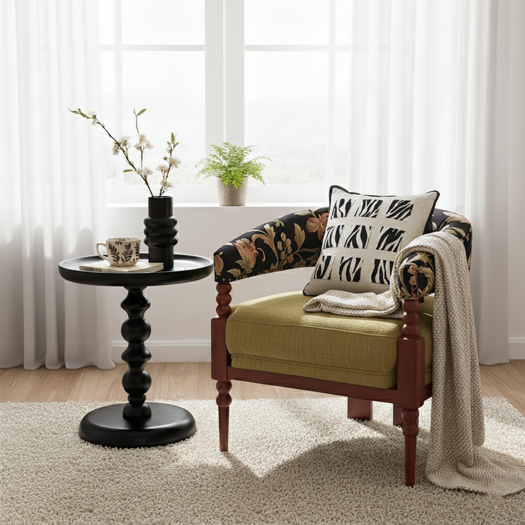 Traditional French-Style Solid Ash Wood Curved Handrail Accent Chair & Table Set in Cotton-Linen Blend for Living Room