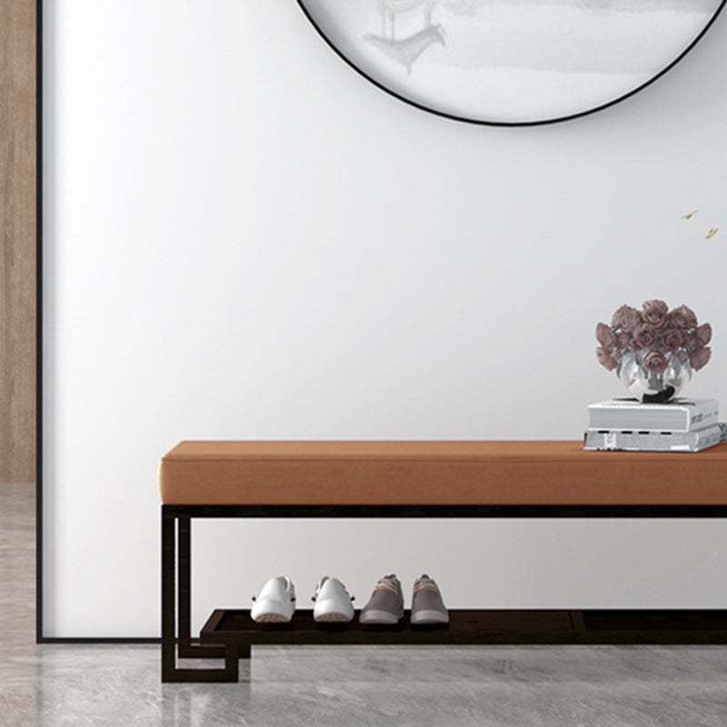 Sleek Modern Minimalist Rectangular Wrought Iron Shoe Bench with PU Leather & Tech Fabric, 2-Tier for Entryway
