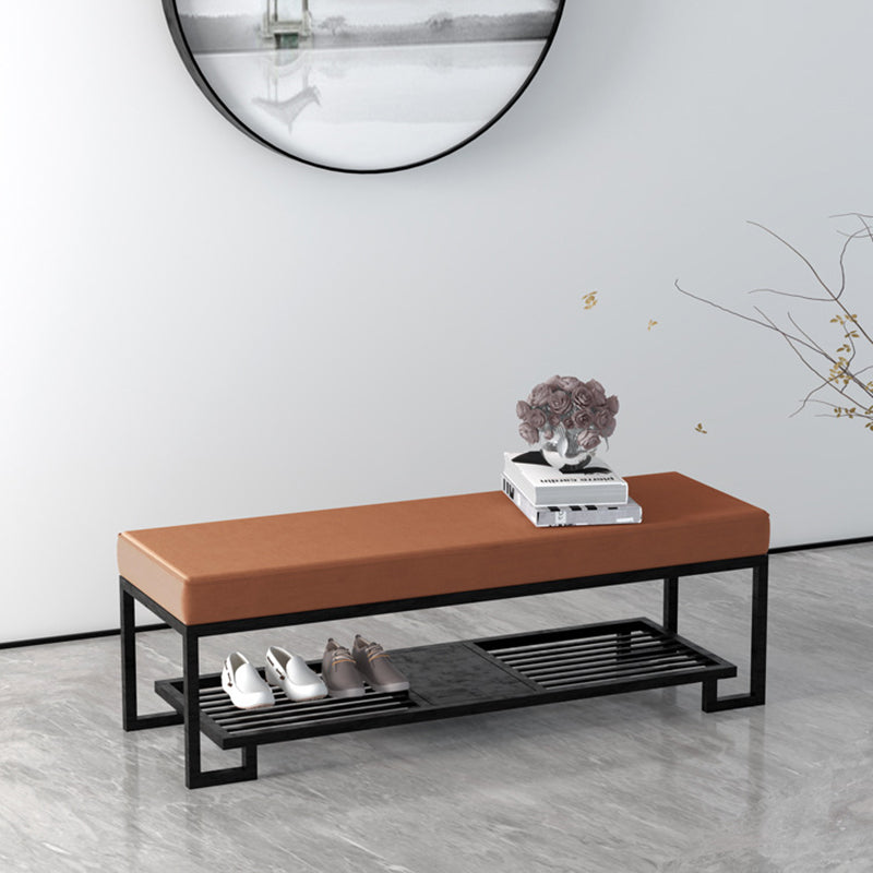 Sleek Modern Minimalist Rectangular Wrought Iron Shoe Bench with PU Leather & Tech Fabric, 2-Tier for Entryway