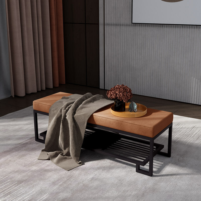 Sleek Modern Minimalist Rectangular Wrought Iron Shoe Bench with PU Leather & Tech Fabric, 2-Tier for Entryway