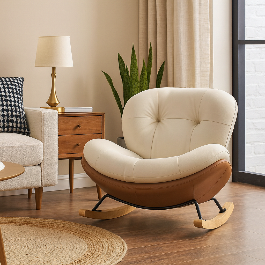 Contemporary Nordic Velvet Upholstered Rocking Chair with Cat-Scratch-Resistant Leather Accents, Iron Frame and Solid Wood Plywood Backrest for Living Room