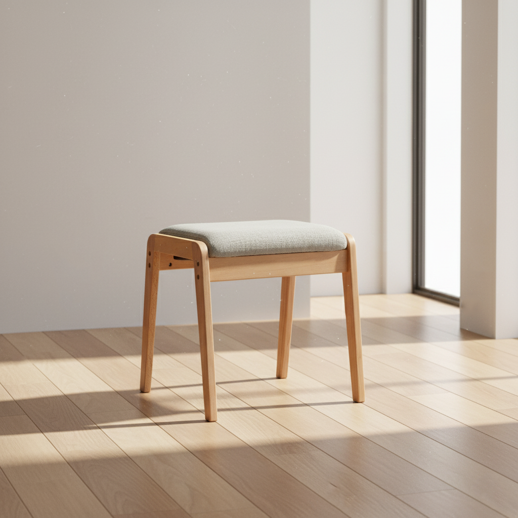 Sleek Modern Minimalist Rectangular Solid Wood Vanity Stool with Linen Cushioned Seat for the Bedroom
