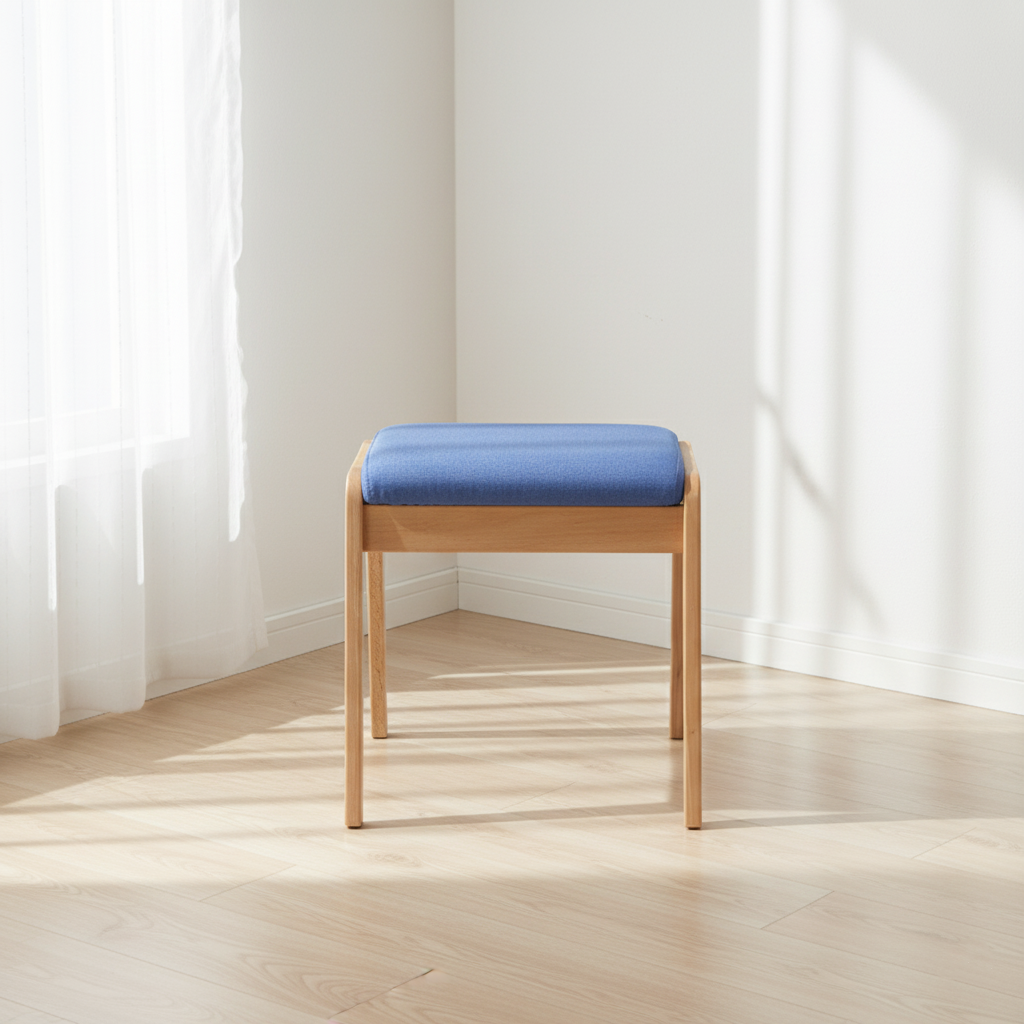 Sleek Modern Minimalist Rectangular Solid Wood Vanity Stool with Linen Cushioned Seat for the Bedroom
