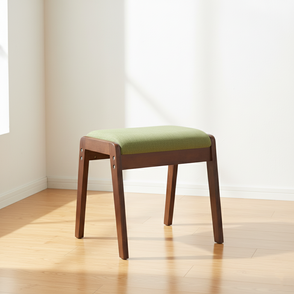 Sleek Modern Minimalist Rectangular Solid Wood Vanity Stool with Linen Cushioned Seat for the Bedroom