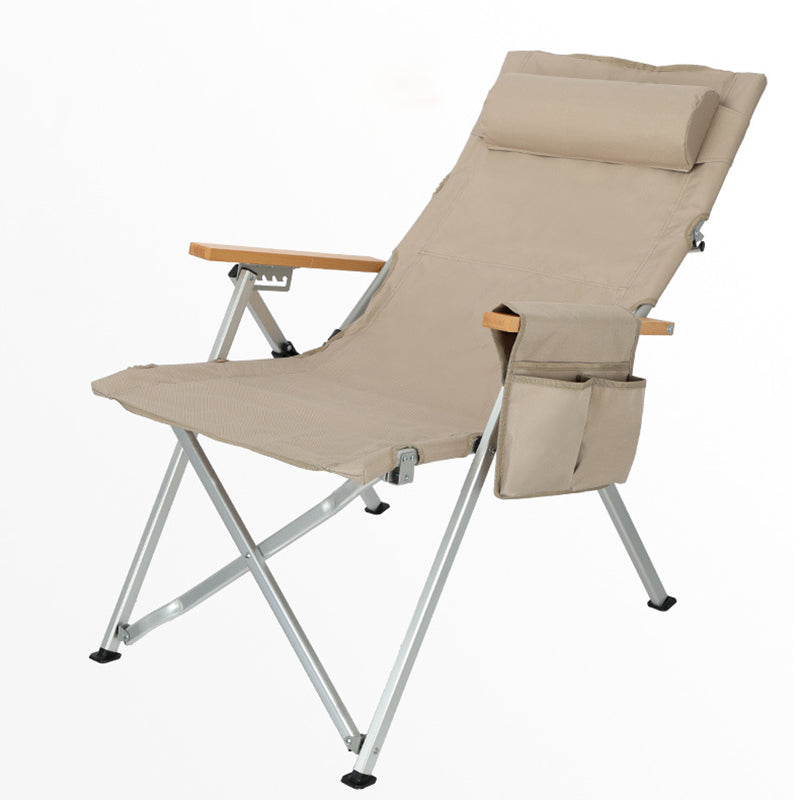 Contemporary Industrial Foldable Camping Chair with Oxford Fabric, Aluminum Alloy and Carbon Steel Frame, Solid Wood Accents, 5-Level Adjustable Backrest for Outdoor Patio