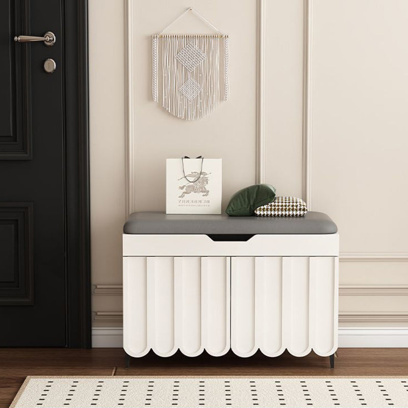 Contemporary Solid Wood Rectangular 4-Tier Shoe Bench with Scalloped Edge and Rounded Corners, Eco-Friendly Faux Leather Top for Entryway