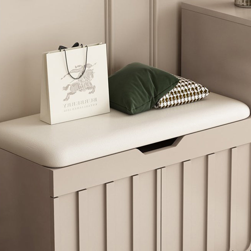 Contemporary Solid Wood Rectangular 4-Tier Shoe Bench with Scalloped Edge and Rounded Corners, Eco-Friendly Faux Leather Top for Entryway