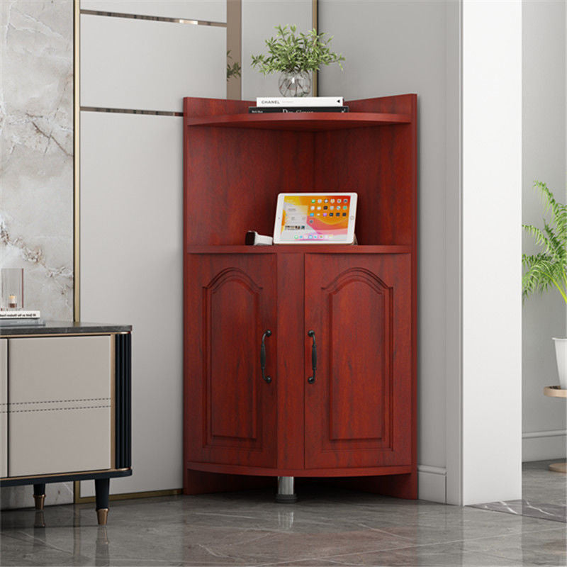 Contemporary Nordic Triangular Solid Wood Eco-Panel Corner Shelf Unit with 2 Cabinets and 2 Tiers for Living Room