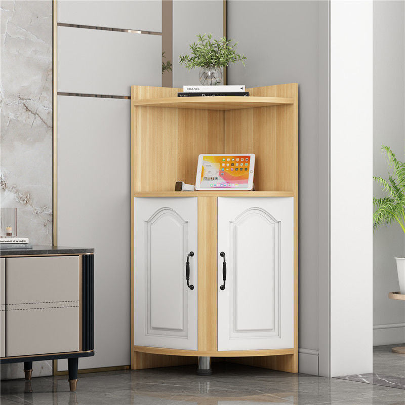 Contemporary Nordic Triangular Solid Wood Eco-Panel Corner Shelf Unit with 2 Cabinets and 2 Tiers for Living Room