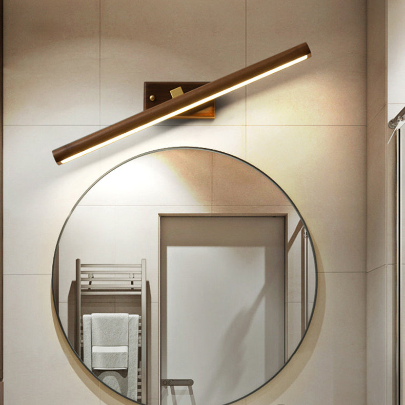 Traditional Japanese-Style Long Cylindrical LED Vanity Light – Rotatable Wall Sconce with Walnut Copper Finish for Bathroom Mirror Front