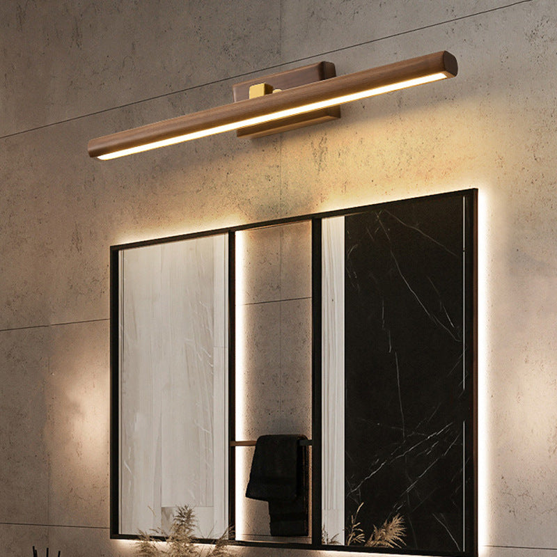 Traditional Japanese-Style Long Cylindrical LED Vanity Light – Rotatable Wall Sconce with Walnut Copper Finish for Bathroom Mirror Front