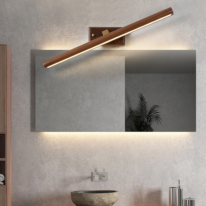 Traditional Japanese-Style Long Cylindrical LED Vanity Light – Rotatable Wall Sconce with Walnut Copper Finish for Bathroom Mirror Front