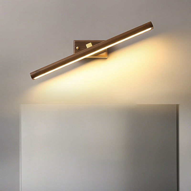 Traditional Japanese-Style Long Cylindrical LED Vanity Light – Rotatable Wall Sconce with Walnut Copper Finish for Bathroom Mirror Front