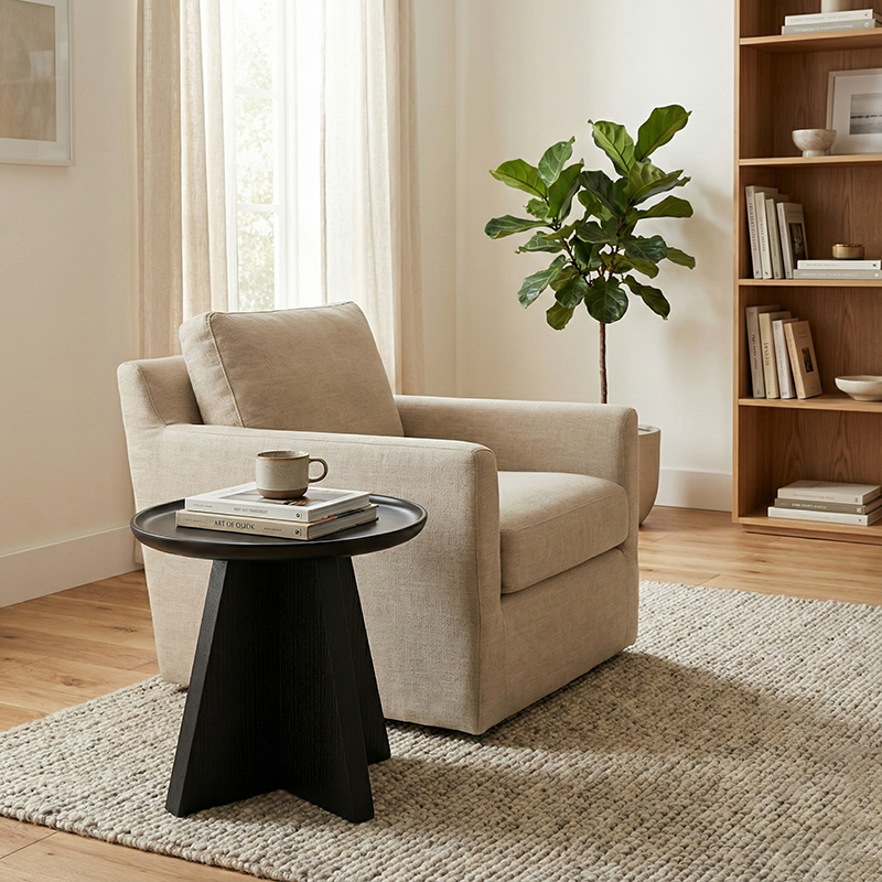 Sleek Modern Round Side Table with Raised Edge — Solid Multi-Layer Wood & E1 MDF, Perfect for Living Room & Bedroom