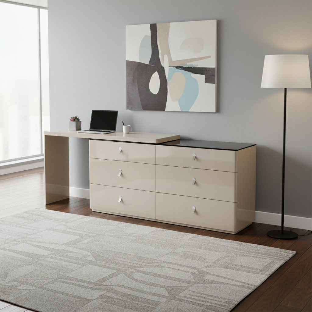 Sleek Adjustable-Length E1 MDF Storage Cabinet with 6 Drawers – Modern Minimalist Rectangular Makeup Vanity for Bedroom & Home Office