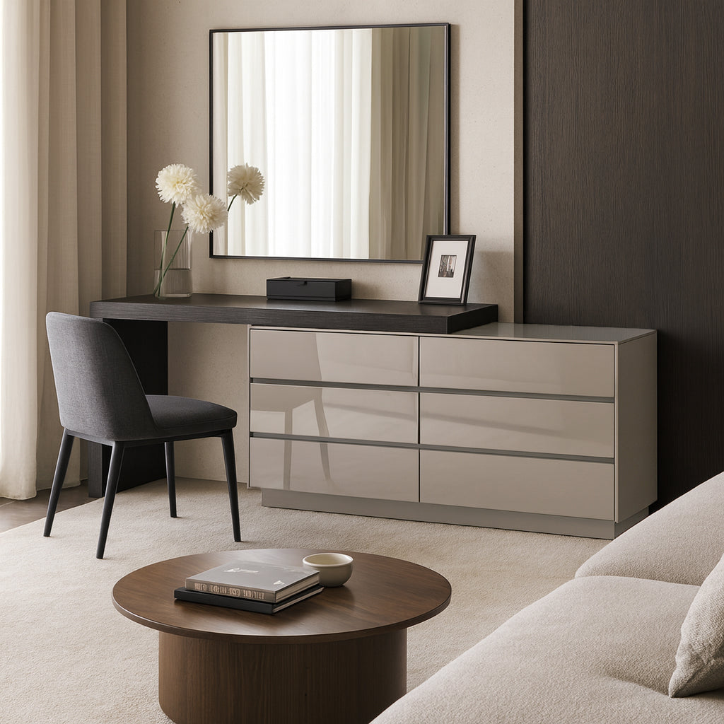 Chic Modern Minimalist E1 MDF Makeup Vanity with 3/6-Drawer Storage Cabinet – Perfect Bedroom Vanity Table