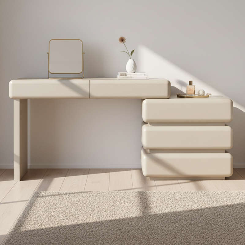 Modern Minimalist Khaki Makeup Vanity with 5/8-Drawer Chest — Solid Wood & Plywood Dresser & Bedroom Makeup Desk