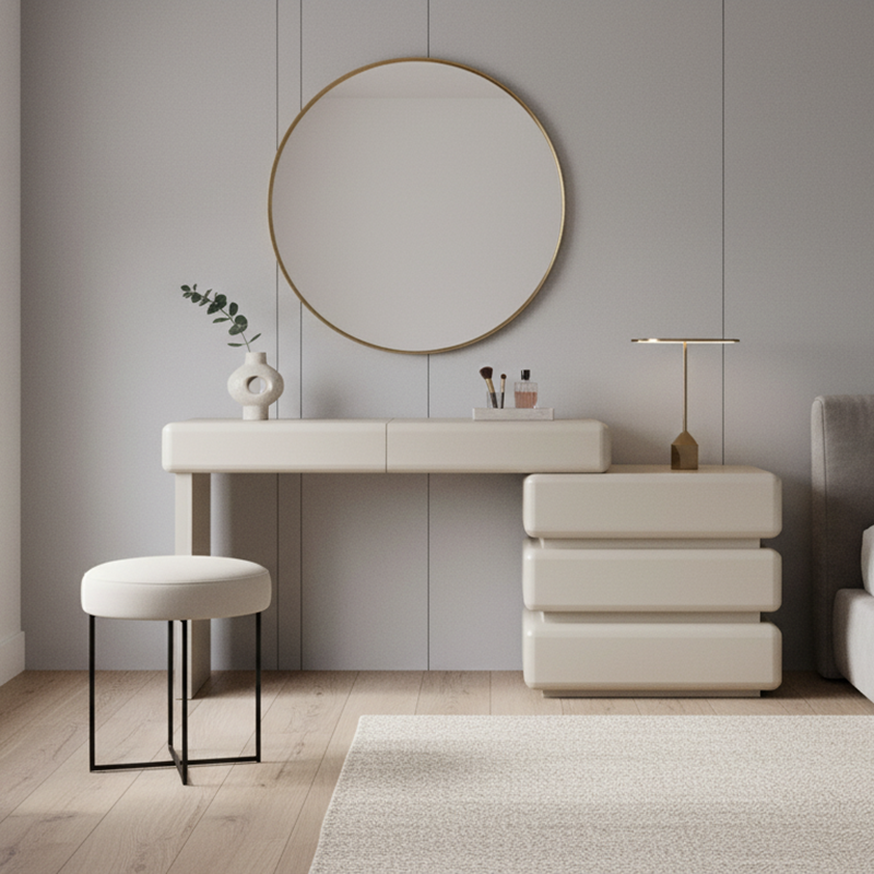 Modern Minimalist Khaki Makeup Vanity with 5/8-Drawer Chest — Solid Wood & Plywood Dresser & Bedroom Makeup Desk
