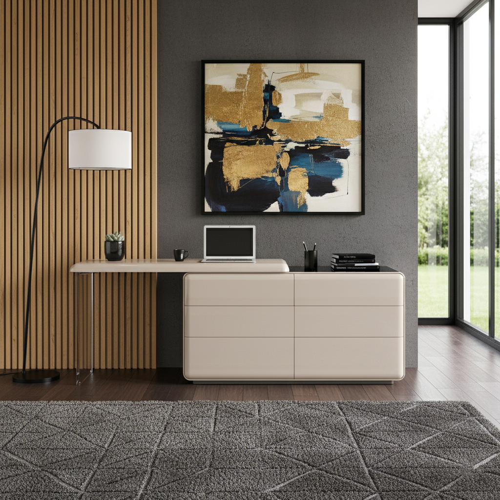 Khaki Modern Minimalist Makeup Vanity with Acrylic Legs and 6-Drawer Storage – E1 MDF Makeup Desk for Bedroom