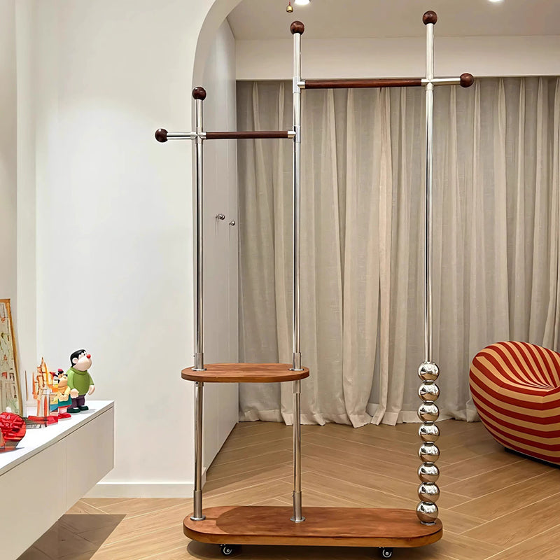 Modern Minimalist Oval Freestanding Hall Tree - Stainless Steel/Carbon Steel and Plywood, Double Hanging Bars for Bedroom