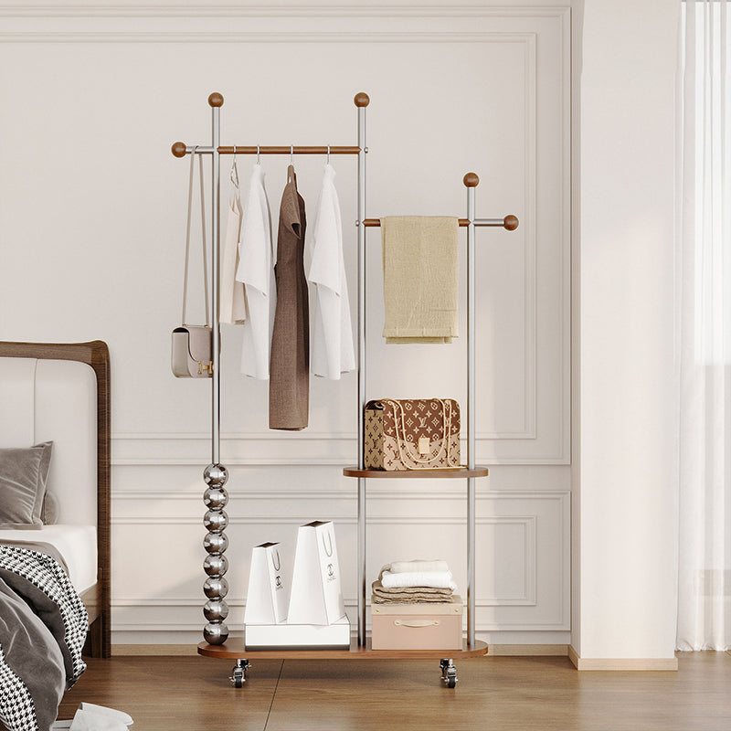 Modern Minimalist Oval Freestanding Hall Tree - Stainless Steel/Carbon Steel and Plywood, Double Hanging Bars for Bedroom