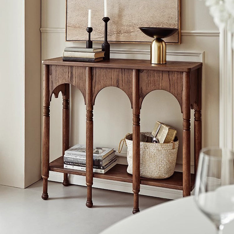 Traditional French-Style Solid Ash Wood Rectangular Console Table with 2-Tier Storage for Entryway & Living Room