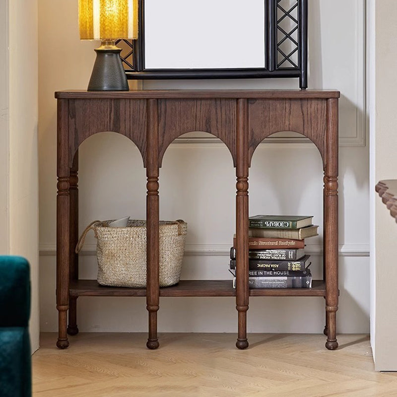 Traditional French-Style Solid Ash Wood Rectangular Console Table with 2-Tier Storage for Entryway & Living Room