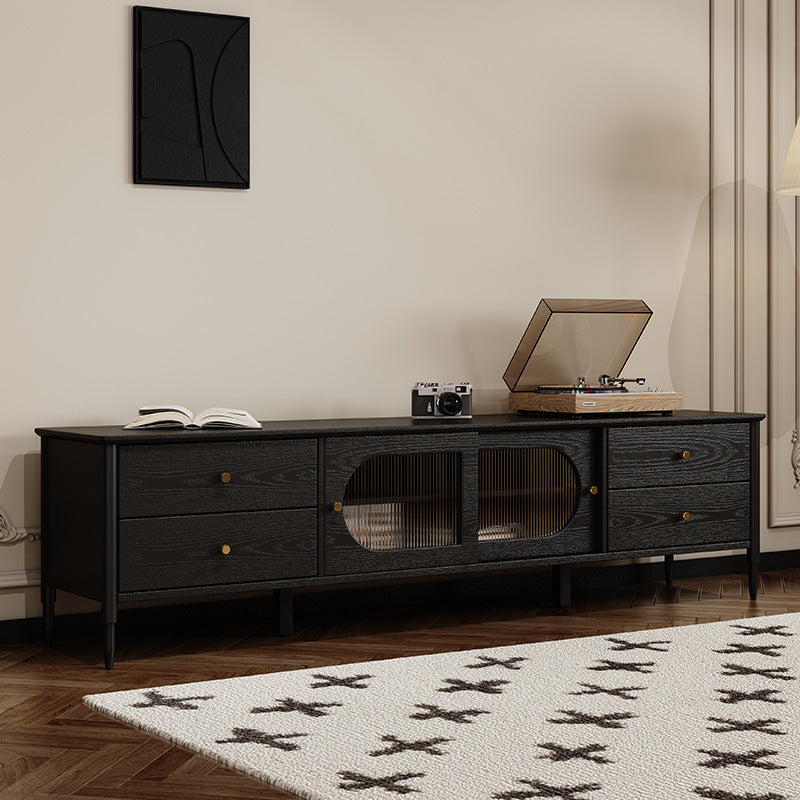 Contemporary Nordic Rectangular Solid Wood TV Stand with Long Rainbow Glass and Brass Accents, 4-Drawer, for Living Room