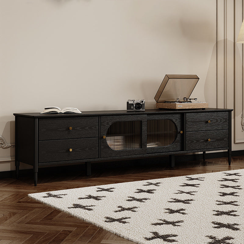 Contemporary Nordic Rectangular Solid Wood TV Stand with Long Rainbow Glass and Brass Accents, 4-Drawer, for Living Room