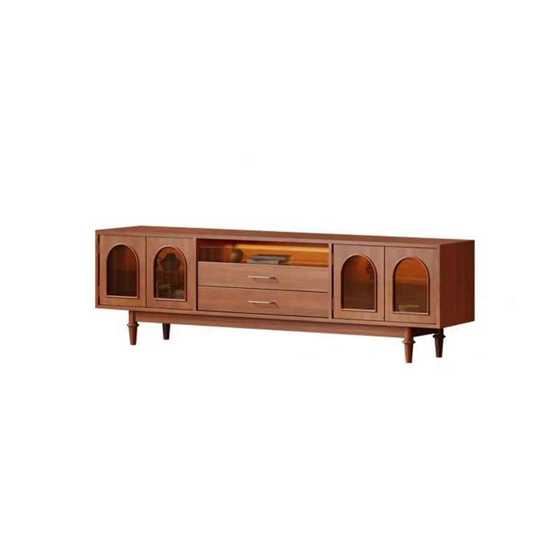 Modern Mid-Century Rectangular Arch TV Stand with Glass Panels, Aluminum Alloy Frame, Solid Wood, 2-Drawer Storage for Living Room