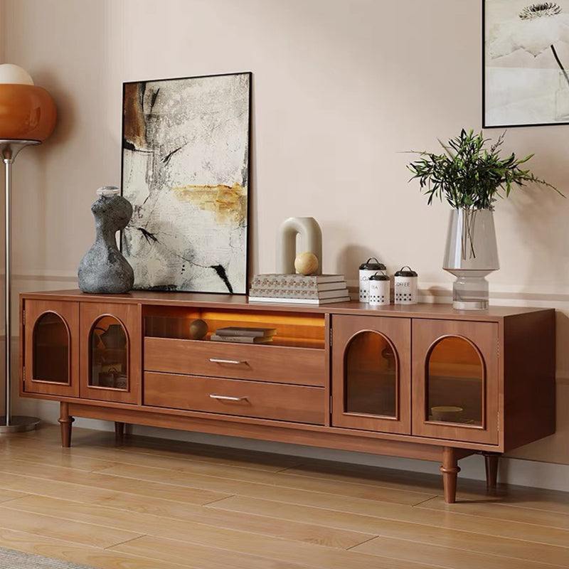 Modern Mid-Century Rectangular Arch TV Stand with Glass Panels, Aluminum Alloy Frame, Solid Wood, 2-Drawer Storage for Living Room
