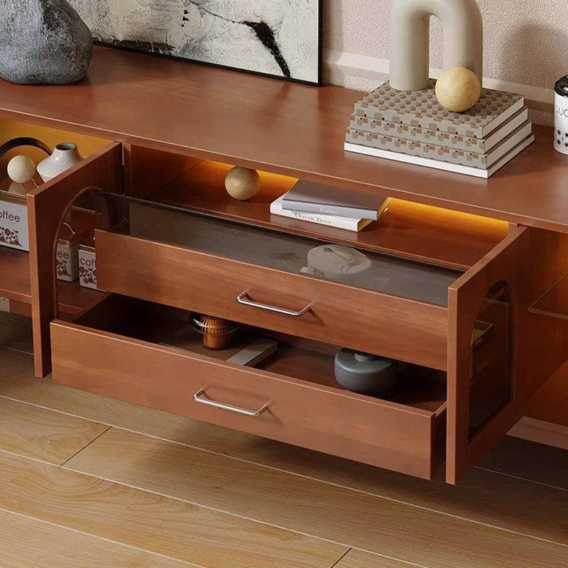 Modern Mid-Century Rectangular Arch TV Stand with Glass Panels, Aluminum Alloy Frame, Solid Wood, 2-Drawer Storage for Living Room