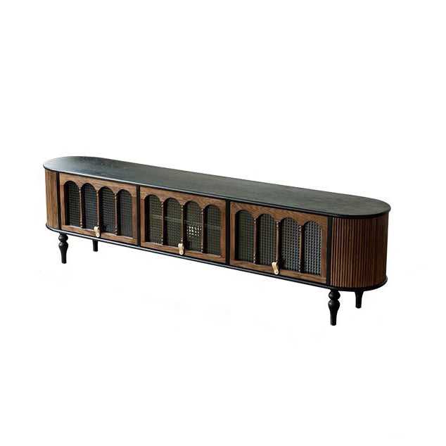 Modern Transitional Arched TV Stand with Tempered Glass and Solid Wood, 3-Storage for Living Room
