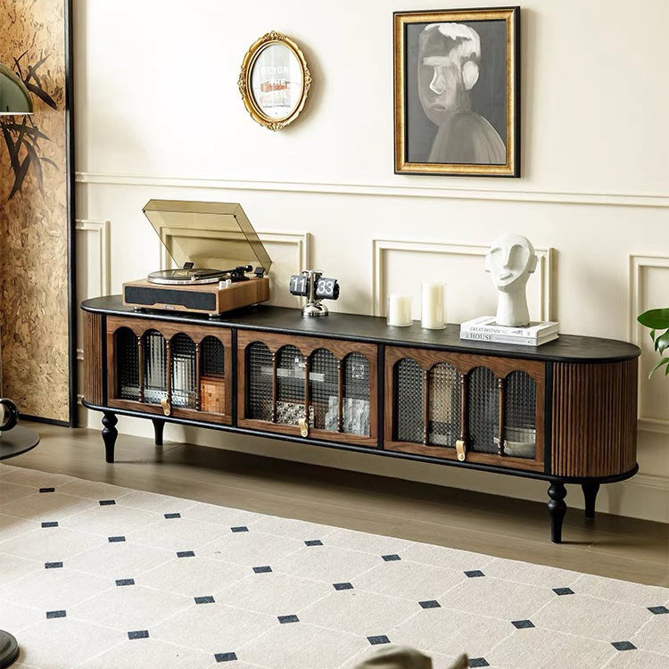 Modern Transitional Arched TV Stand with Tempered Glass and Solid Wood, 3-Storage for Living Room