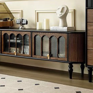 Modern Transitional Arched TV Stand with Tempered Glass and Solid Wood, 3-Storage for Living Room