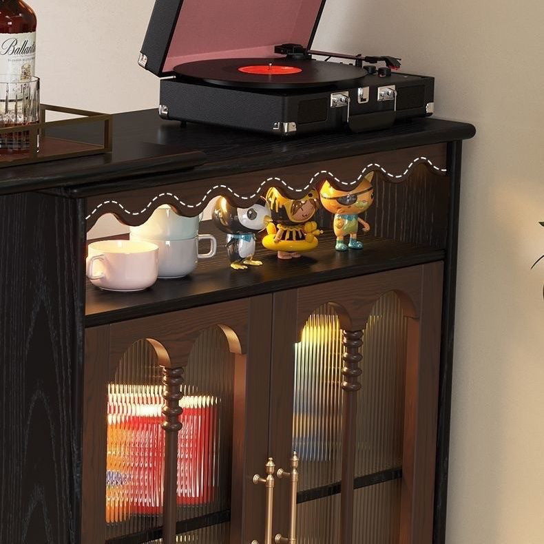 Modern Mid-Century Solid Wood Bar Table with Ball-Turned Legs, Long Rainbow Glass Surface, 4-Tier Shelving for Living Room