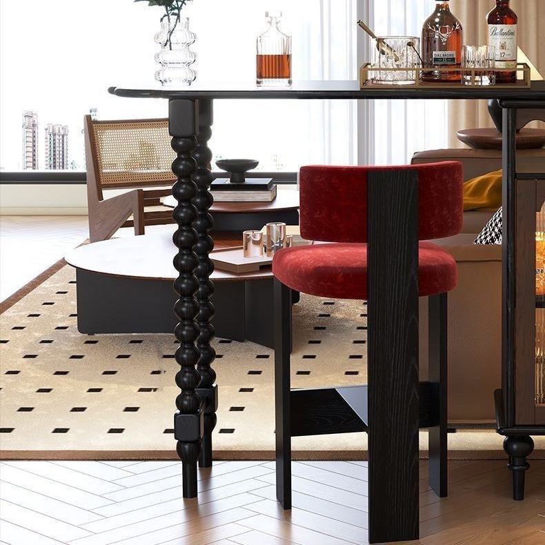 Modern Mid-Century Solid Wood Bar Table with Ball-Turned Legs, Long Rainbow Glass Surface, 4-Tier Shelving for Living Room