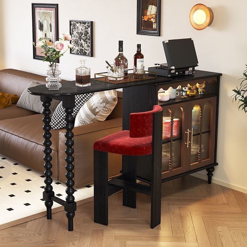Modern Mid-Century Solid Wood Bar Table with Ball-Turned Legs, Long Rainbow Glass Surface, 4-Tier Shelving for Living Room