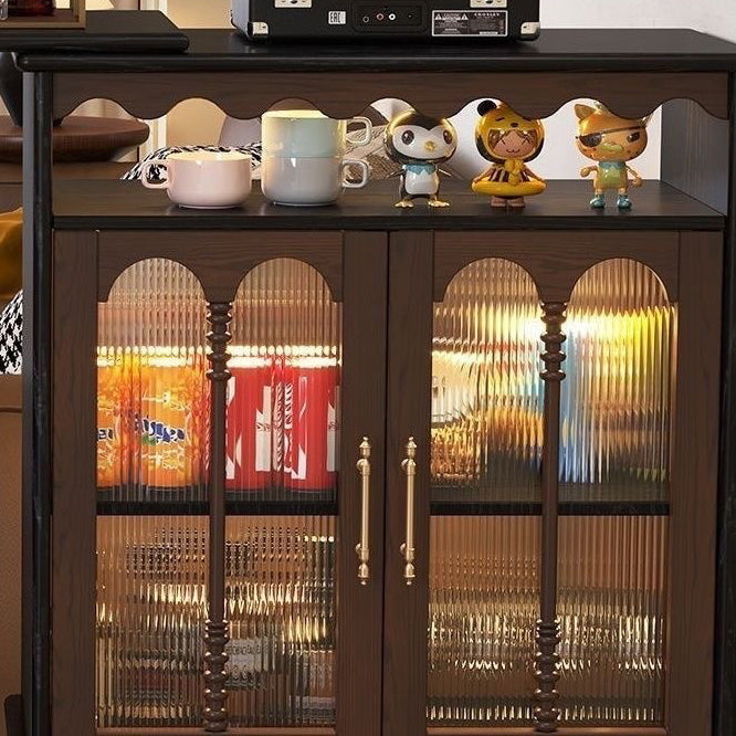 Modern Mid-Century Solid Wood Bar Table with Ball-Turned Legs, Long Rainbow Glass Surface, 4-Tier Shelving for Living Room