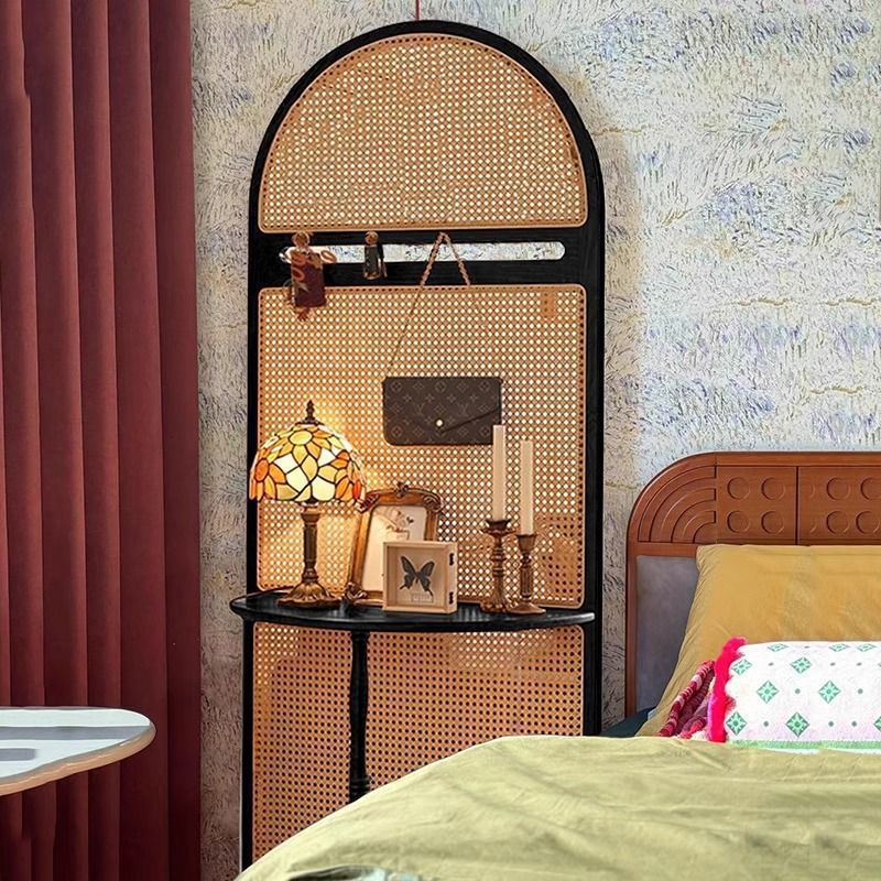 Mid-Century Modern Arched Solid Wood Rattan Weaving Display Rack, 2-Tier Living Room Shelf