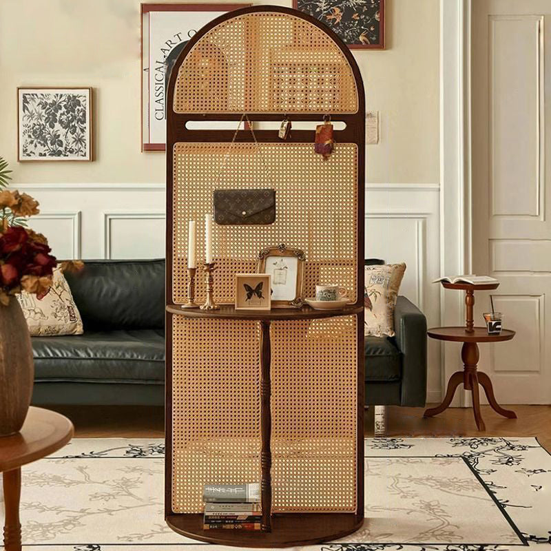 Mid-Century Modern Arched Solid Wood Rattan Weaving Display Rack, 2-Tier Living Room Shelf