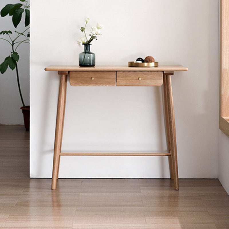 Traditional Japanese-Inspired Solid Wood Console Table with Rounded Corners, Rectangular Design, Half-Drawer for Living Room or Entryway